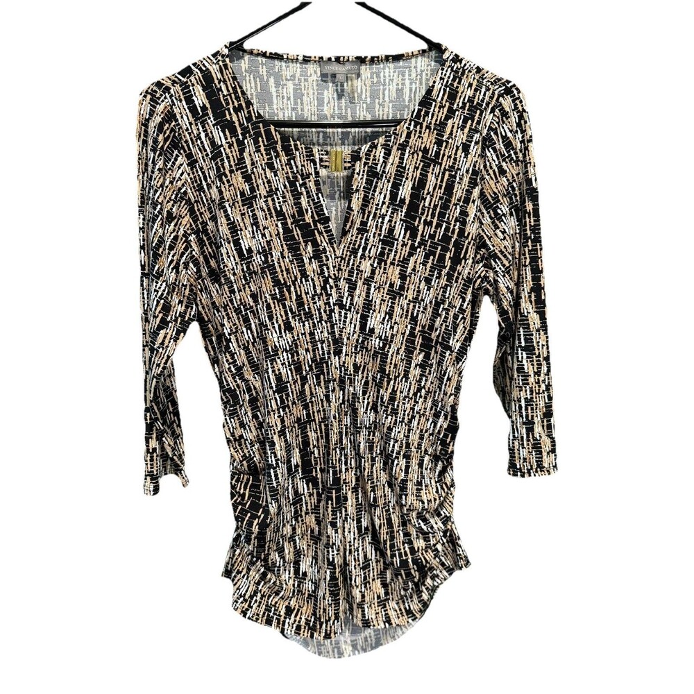 Vince Camuto Women’s L -  Abstract Print Stretch Top w/ Gold Accent Ruched Sides